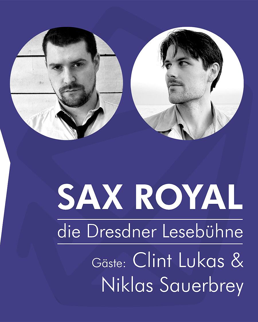 sax royal, gezeichnete figuren und zwei portraitfotos rechts