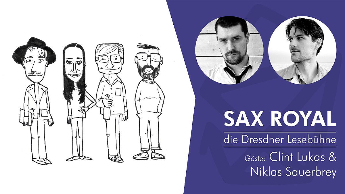 sax royal, gezeichnete figuren und zwei portraitfotos rechts