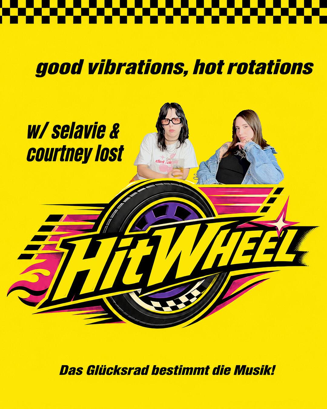 hitwheel, partygrafik mit zwei djs und glücksrad auf gelbem hintergrund