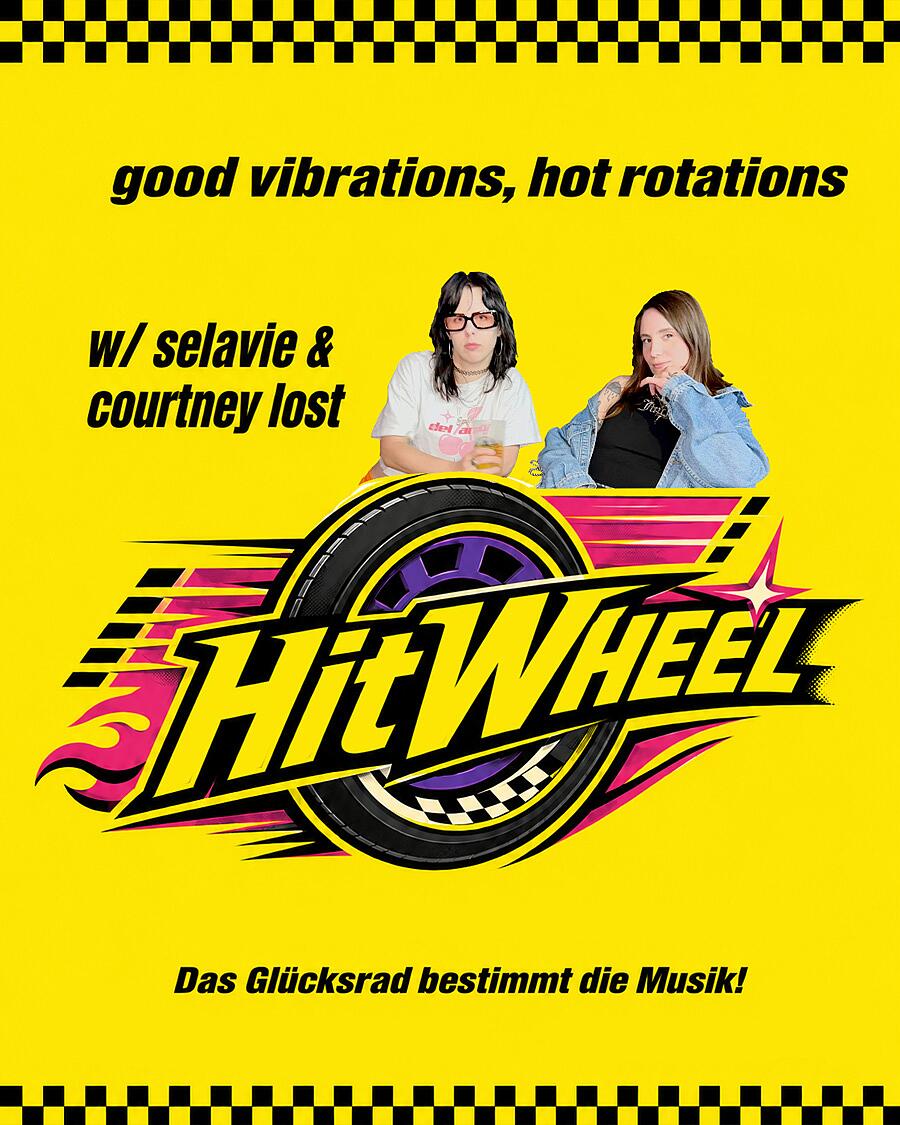 hitwheel, partygrafik mit zwei djs und glücksrad auf gelbem hintergrund