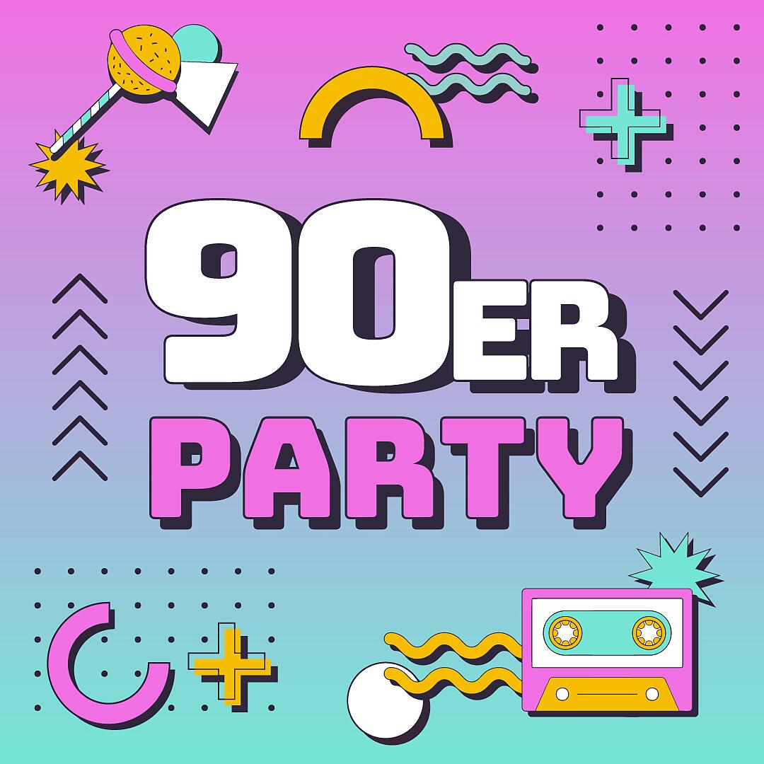90er party, bunte grafik mit schriftzug und retroelementen