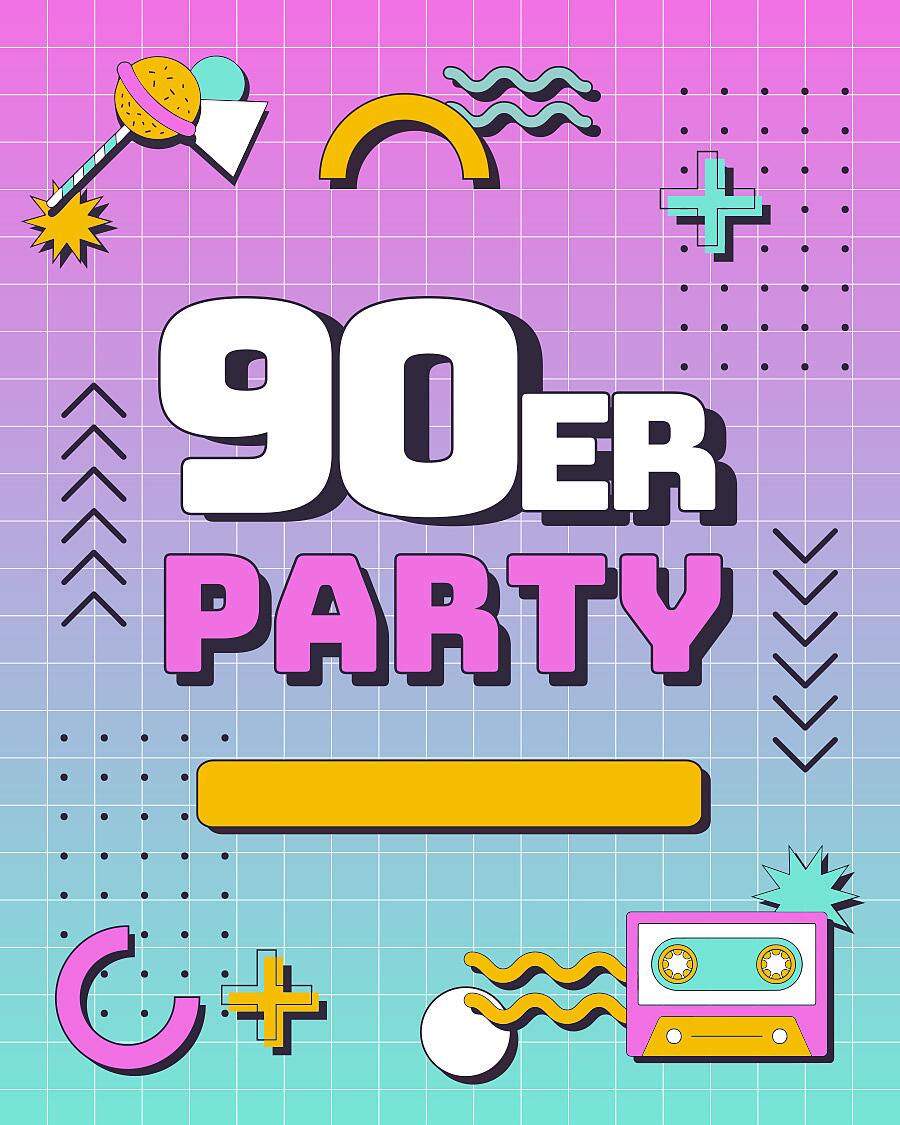 90er party, bunte grafik mit schriftzug und retroelementen