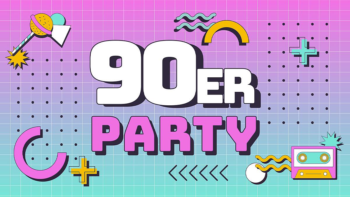 90er party, bunte grafik mit schriftzug und retroelementen