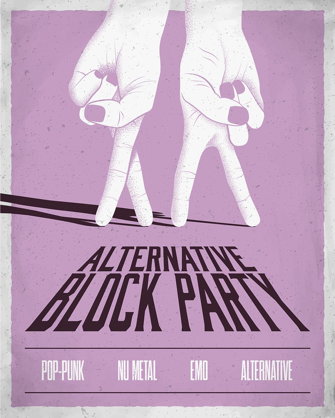 alternative block party, grafische hände über schriftzug auf altrosa hintergrund
