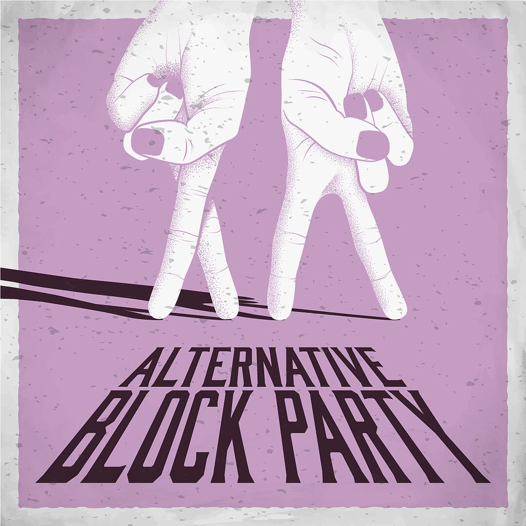 alternative block party, grafische hände über schriftzug auf altrosa hintergrund
