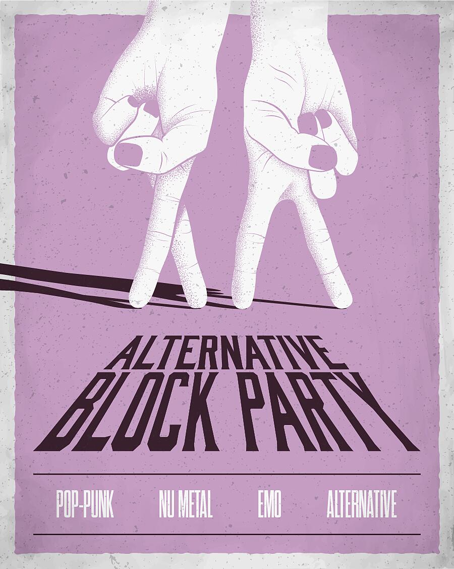 alternative block party, grafische hände über schriftzug auf altrosa hintergrund