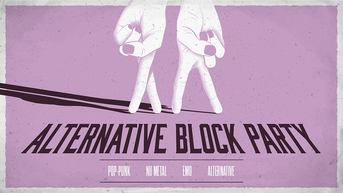 alternative block party, grafische hände über schriftzug auf altrosa hintergrund