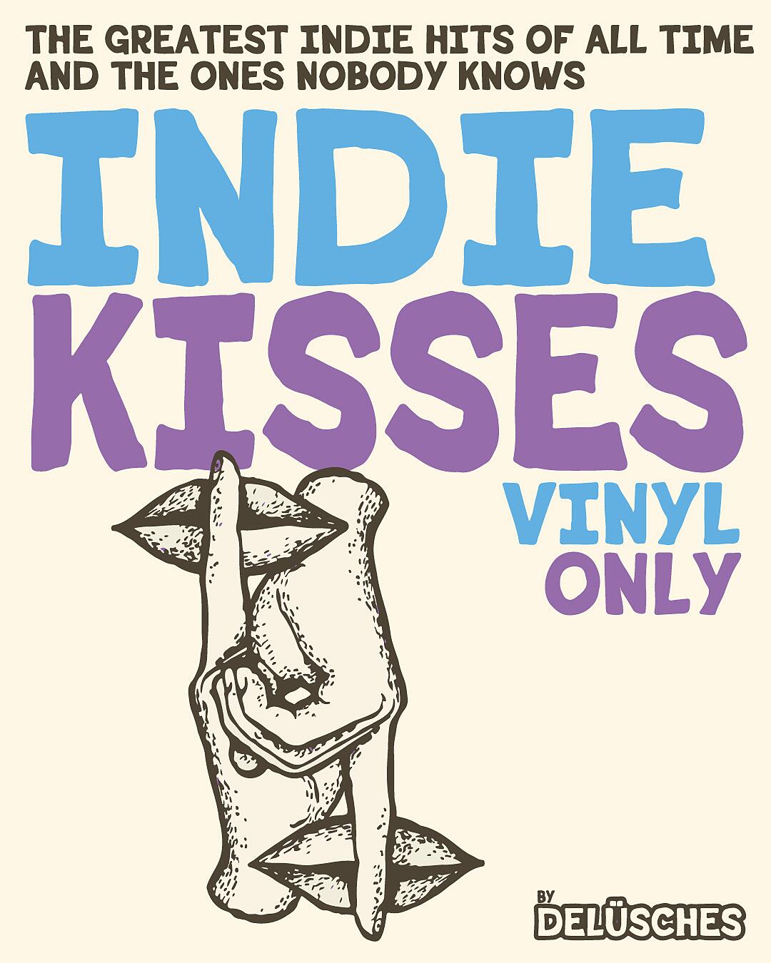 indie kisses, grafisches poster mit schriftzug und illustration
