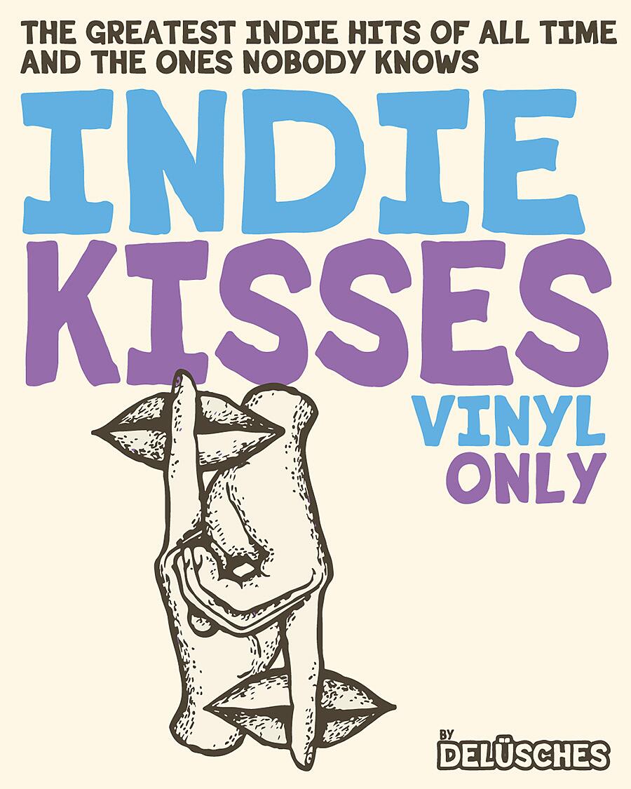 indie kisses, grafisches poster mit schriftzug und illustration