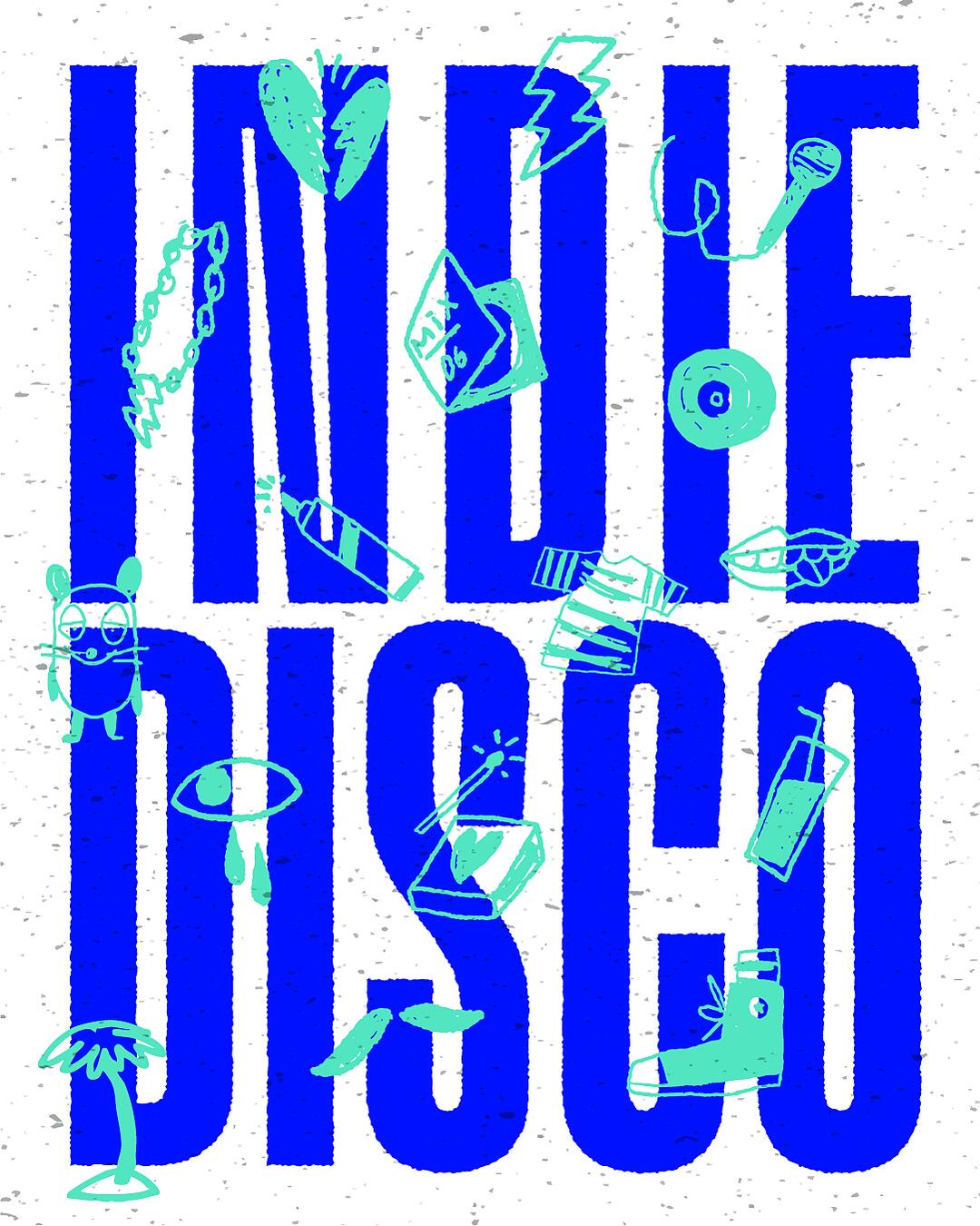 indie disco, blaue typografie mit gezeichneten symbolelementen