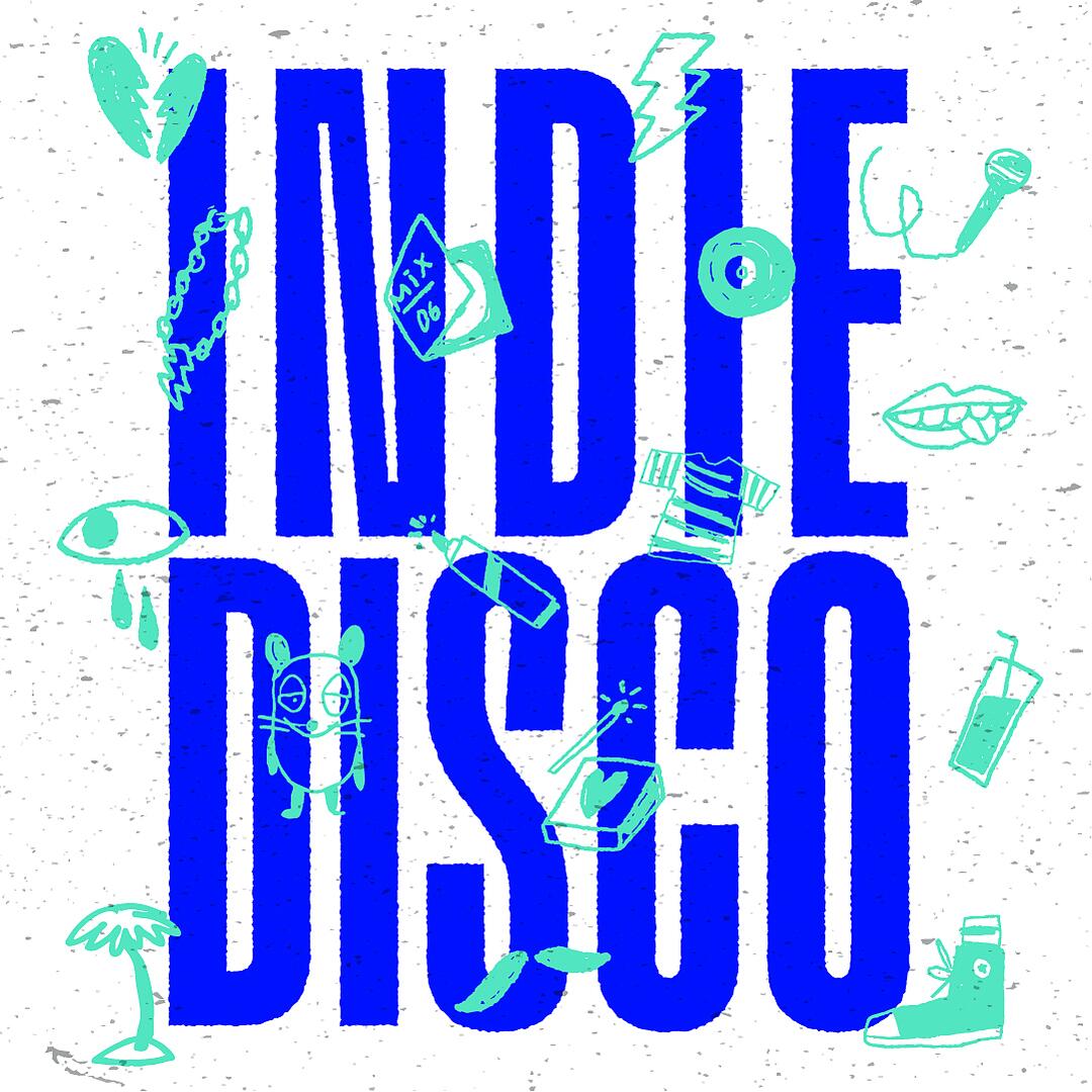 indie disco, blaue typografie mit gezeichneten symbolelementen