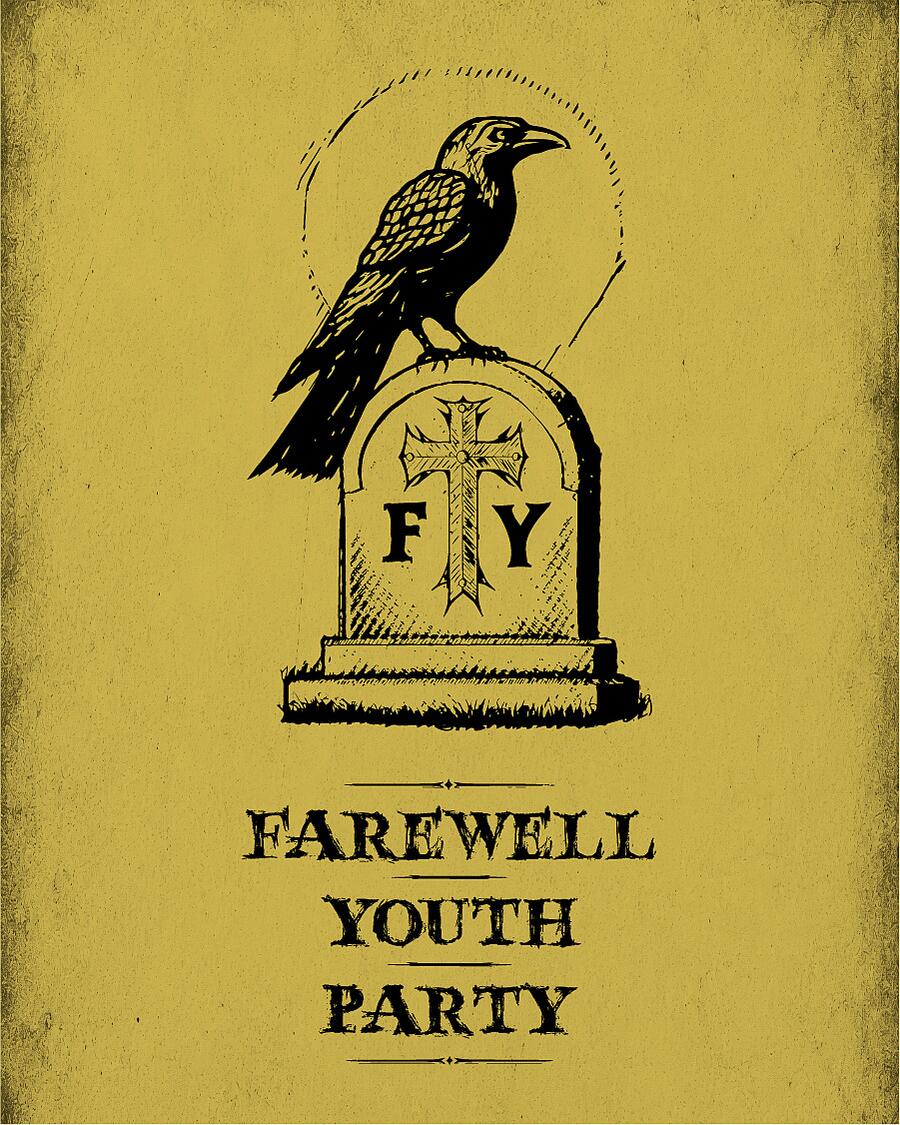 farewell youth party, krähe auf grabstein vor gelbem hintergrund