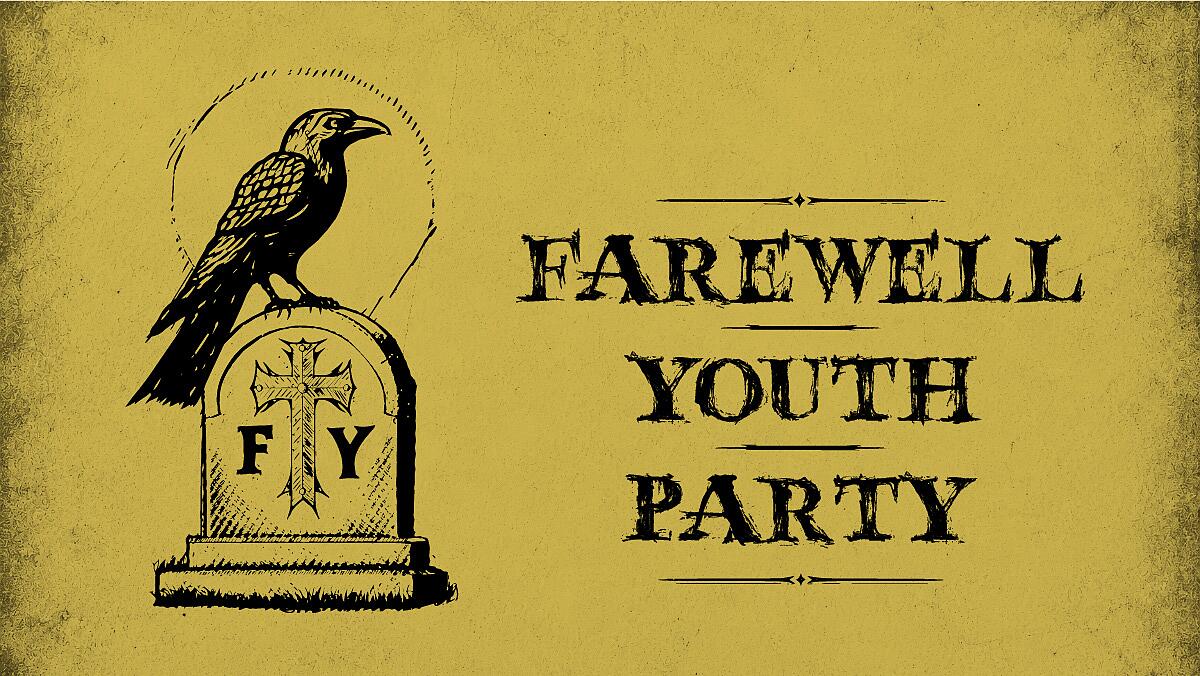 farewell youth party, krähe auf grabstein vor gelbem hintergrund
