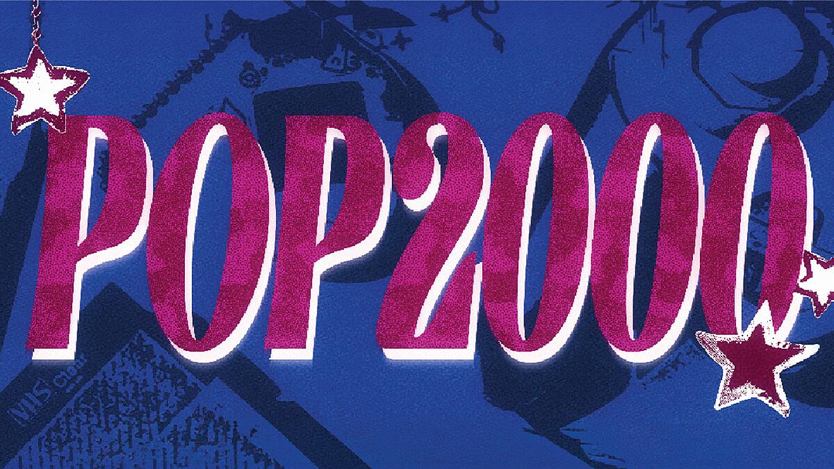 pop2000, pinker schriftzug auf blauem hintergrund