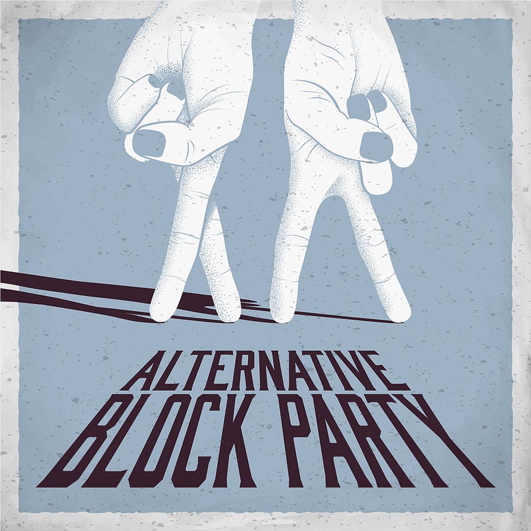 alternative block party, grafische hände über schriftzug auf blauem hintergrund