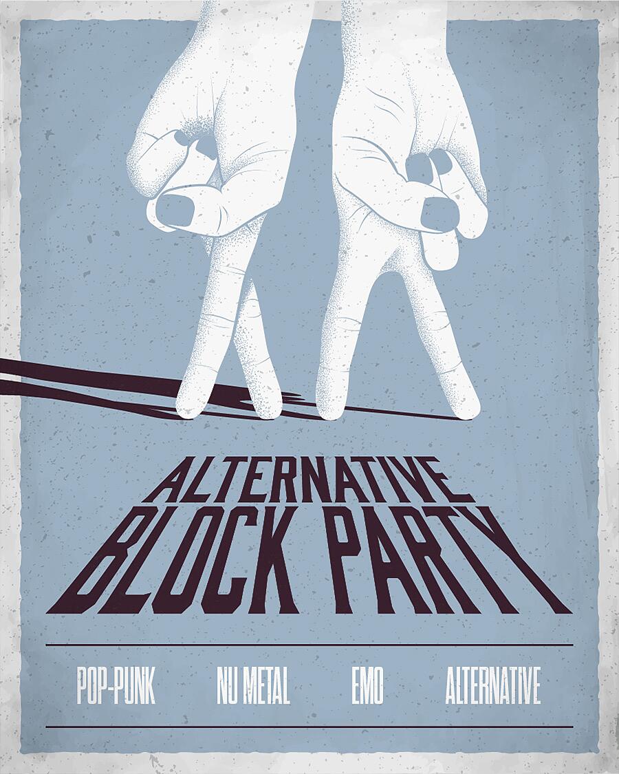 alternative block party, grafische hände über schriftzug auf blauem hintergrund