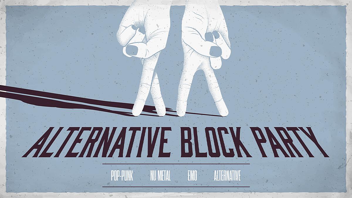 alternative block party, grafische hände über schriftzug auf blauem hintergrund