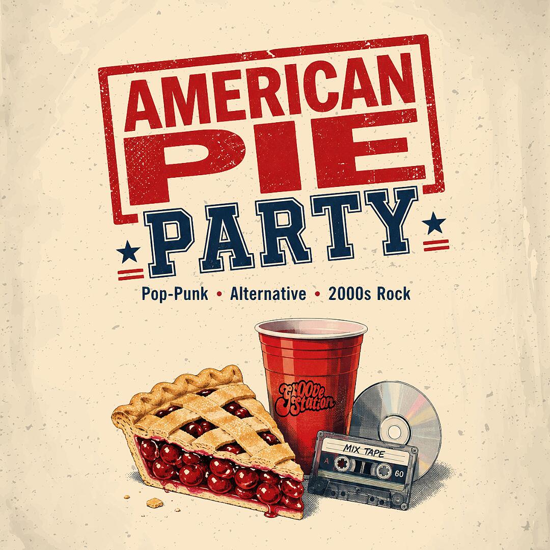 american pie party, retro-grafik mit kuchen, becher und mixtape