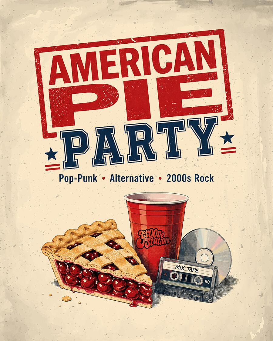american pie party, retro-grafik mit kuchen, becher und mixtape