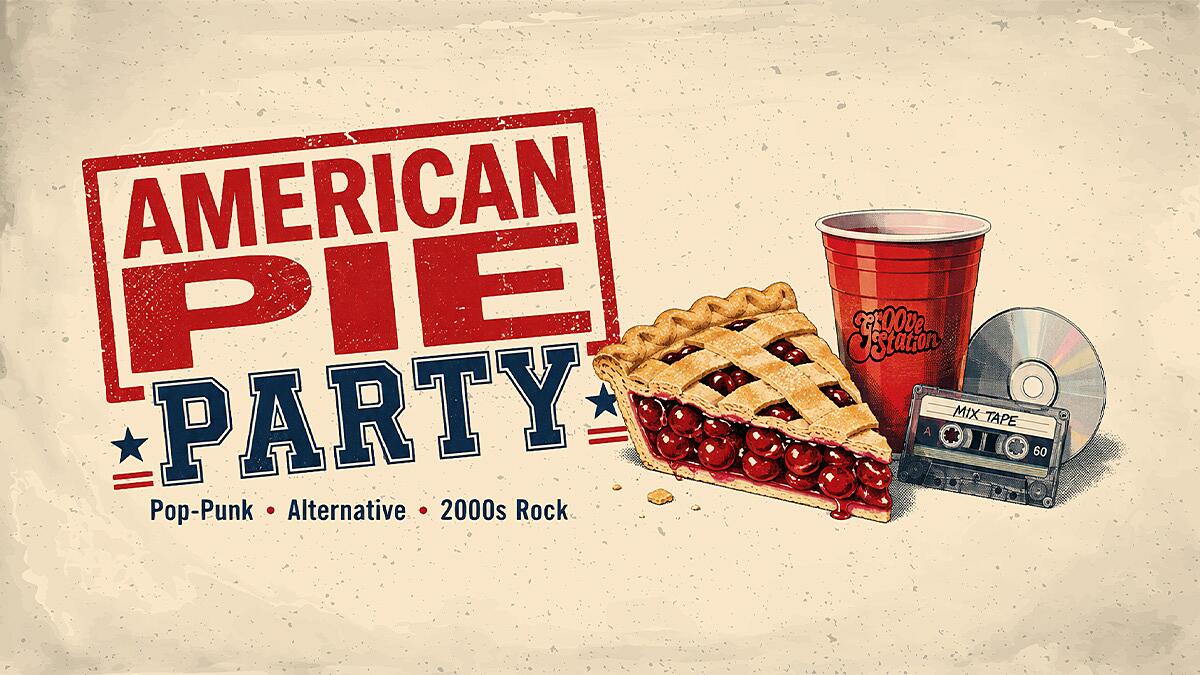 american pie party, retro-grafik mit kuchen, becher und mixtape