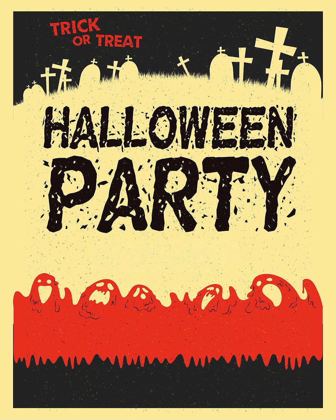 halloween party, gruselige grafik mit geistern und grabkreuzen