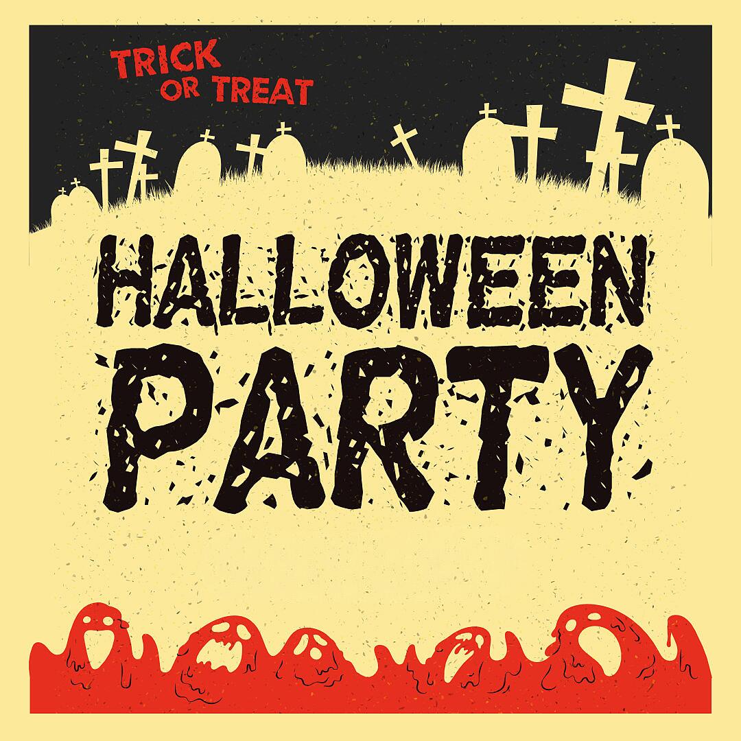halloween party, gruselige grafik mit geistern und grabkreuzen