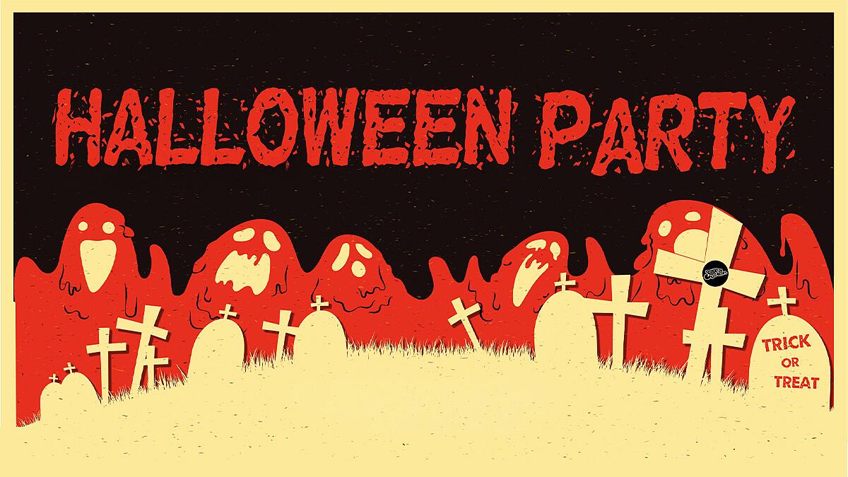 halloween party, gruselige grafik mit geistern und grabkreuzen