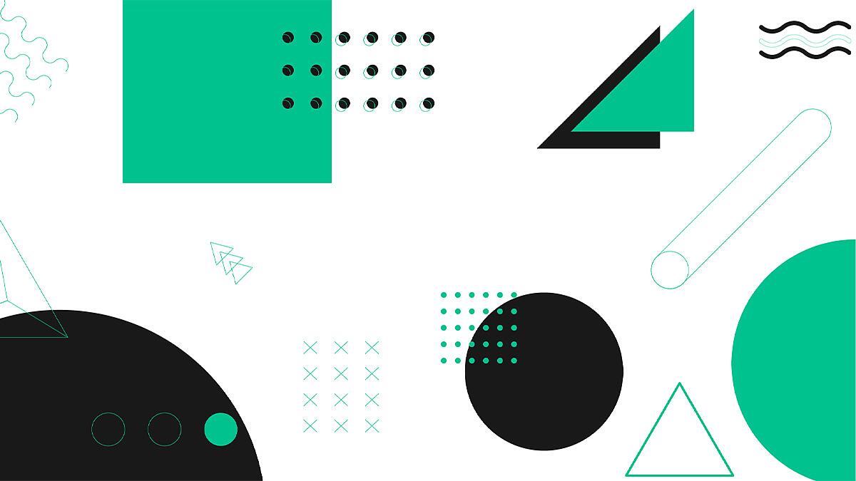 Abstrakte geometrische Formen in Schwarz, Weiß und Türkis auf weißem Hintergrund.