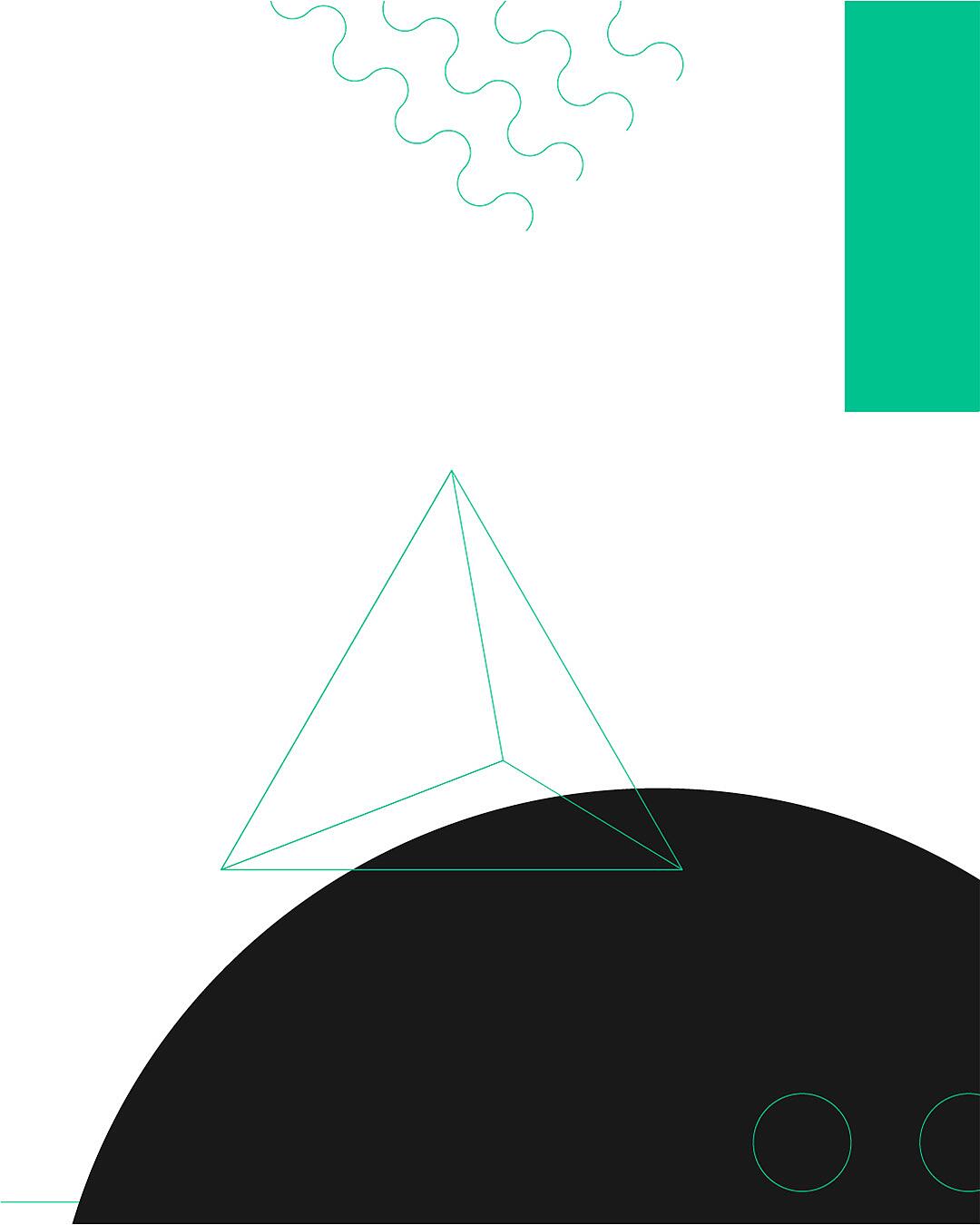 Abstrakte geometrische Formen in Schwarz, Weiß und Türkis auf weißem Hintergrund.