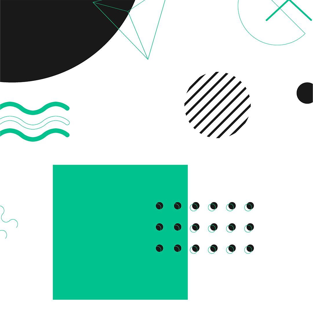 Abstrakte geometrische Formen in Schwarz, Weiß und Türkis auf weißem Hintergrund.