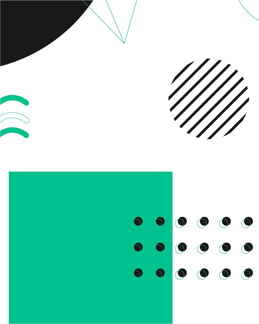 Abstrakte geometrische Formen in Schwarz, Weiß und Türkis auf weißem Hintergrund.