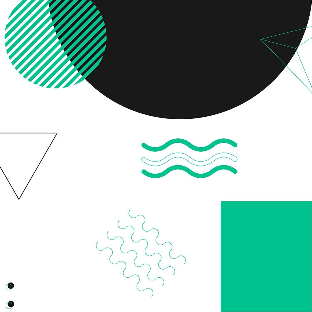 Abstrakte geometrische Formen in Schwarz, Weiß und Türkis auf weißem Hintergrund.