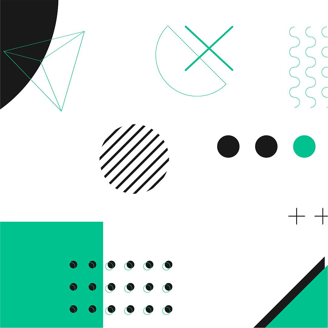 Abstrakte geometrische Formen in Schwarz, Weiß und Türkis auf weißem Hintergrund.
