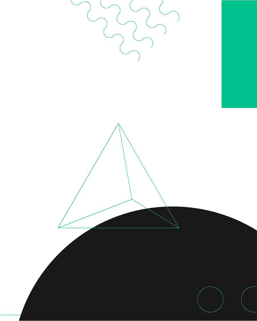 Abstrakte geometrische Formen in Schwarz, Weiß und Türkis auf weißem Hintergrund.