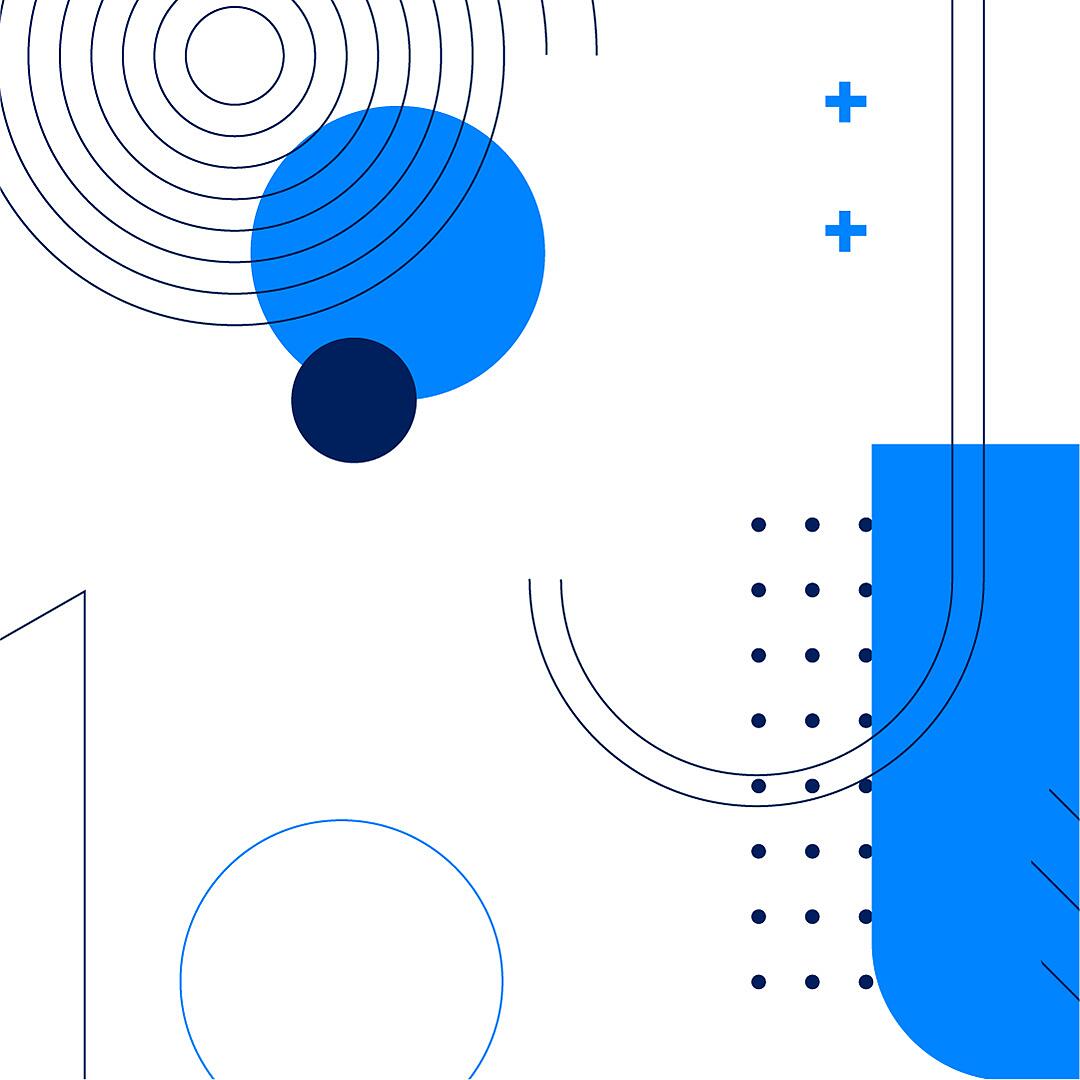 Abstrakte Grafik mit Kreisen, Linien und Punkten in Blau