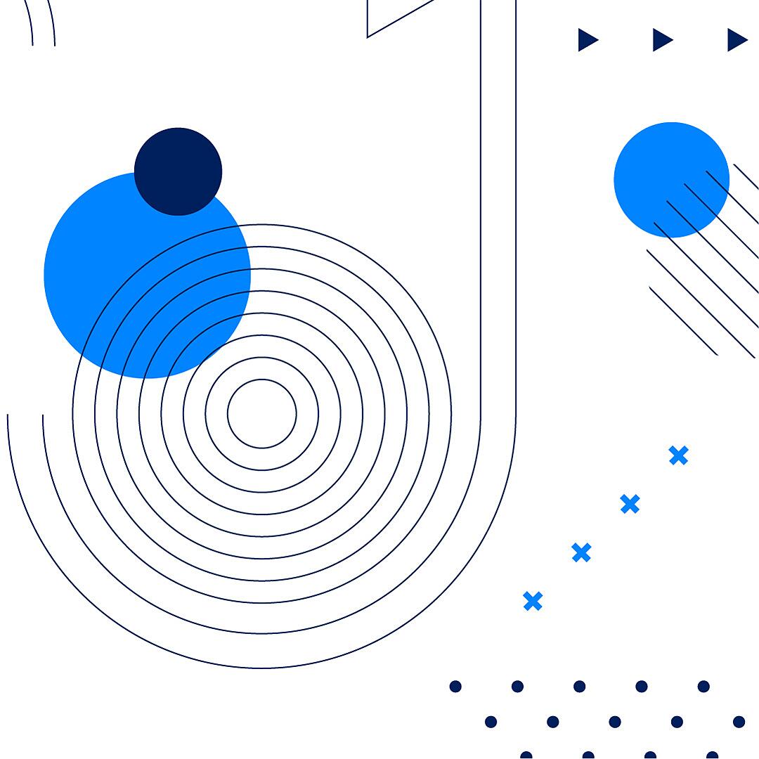 Abstrakte Grafik mit Kreisen, Linien und Punkten in Blau