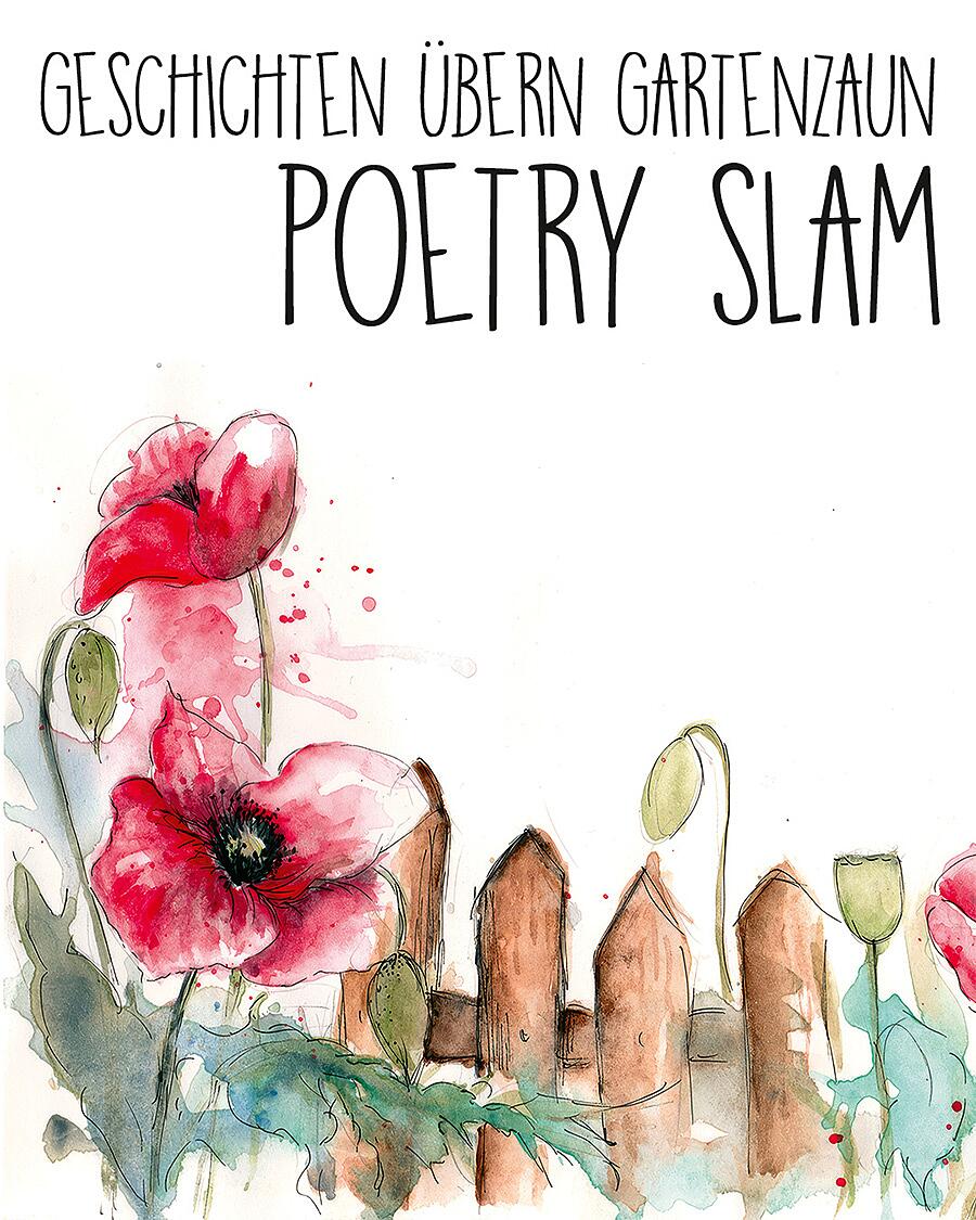 poetry slam, aquarellillustration mit blumen und gartenzaun