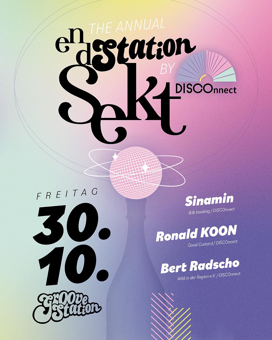 endstation sekt, partyplakat mit dj-line-up auf rosa-violettem hintergrund