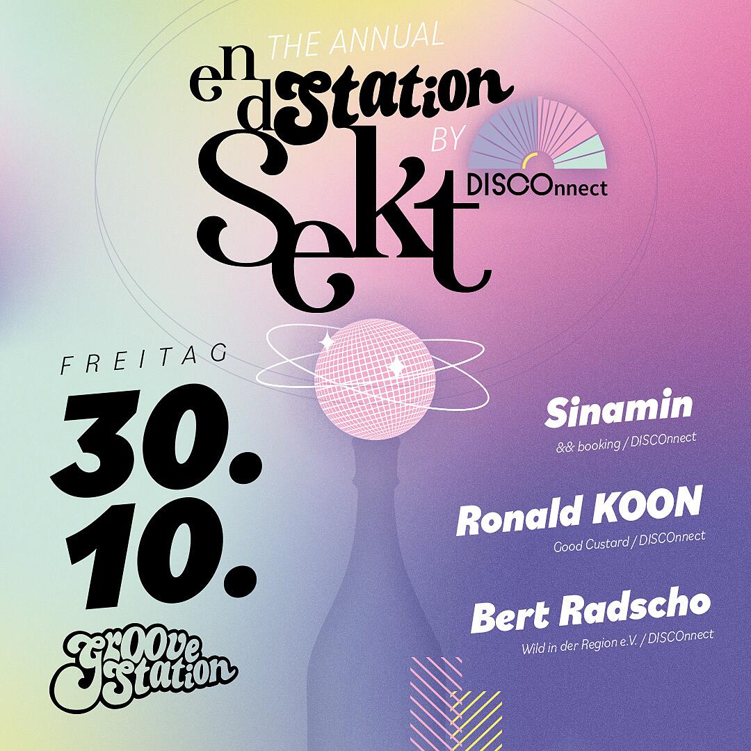 endstation sekt, partyplakat mit dj-line-up auf rosa-violettem hintergrund