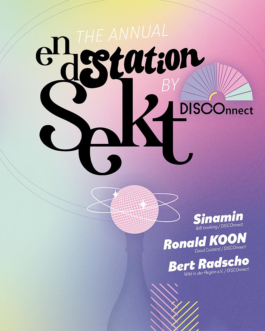 endstation sekt, partyplakat mit dj-line-up auf rosa-violettem hintergrund