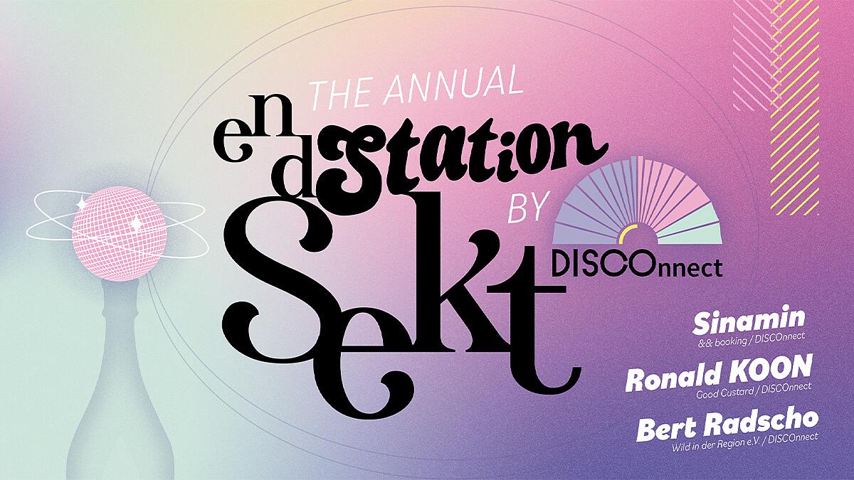 endstation sekt, partyplakat mit dj-line-up auf rosa-violettem hintergrund