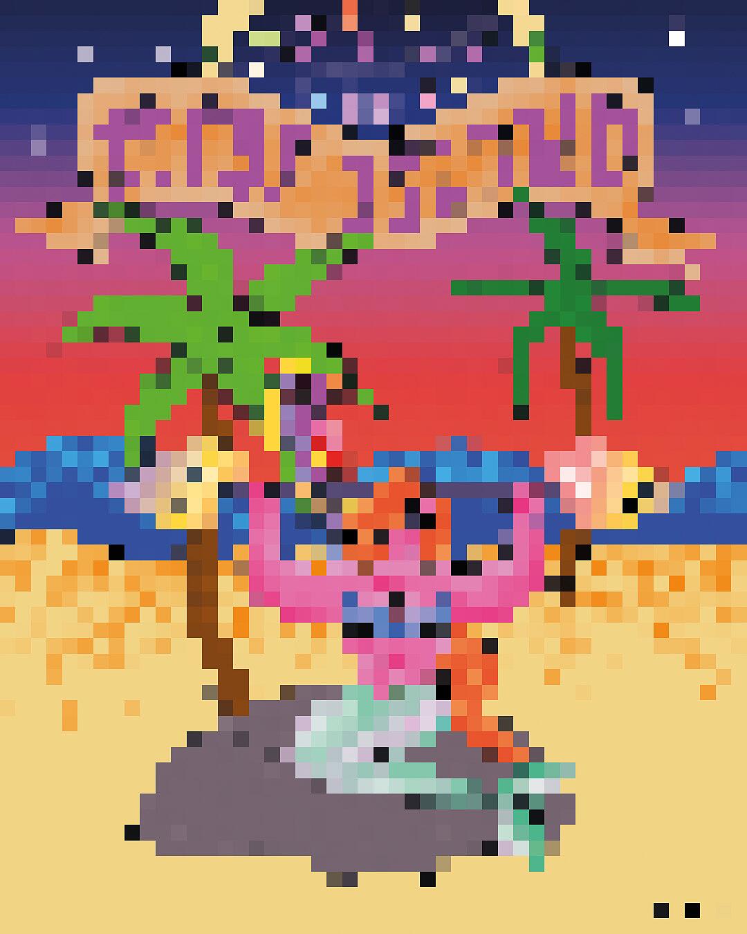 midi, pixelgrafik mit strand, palmen und tanzenden figuren