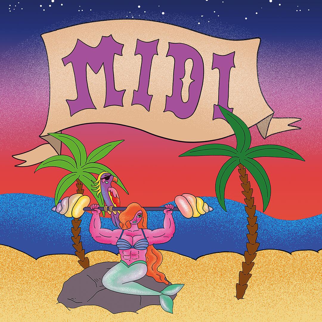 midi, grafik mit strand, palmen und tanzenden figuren