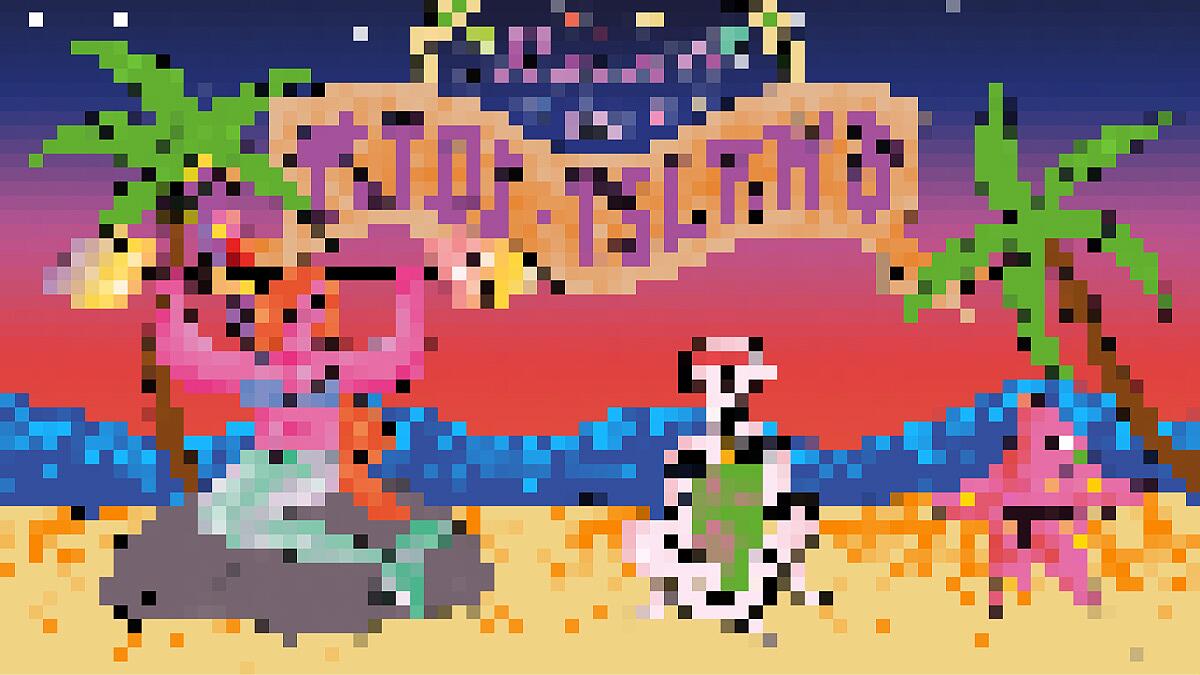 midi, pixelgrafik mit strand, palmen und tanzenden figuren