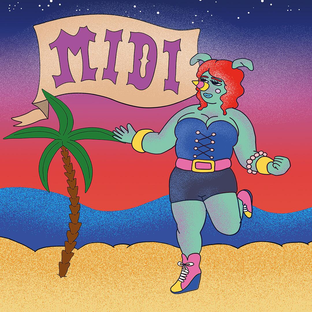 midi illustration mit tanzenden fantasiefiguren am strand