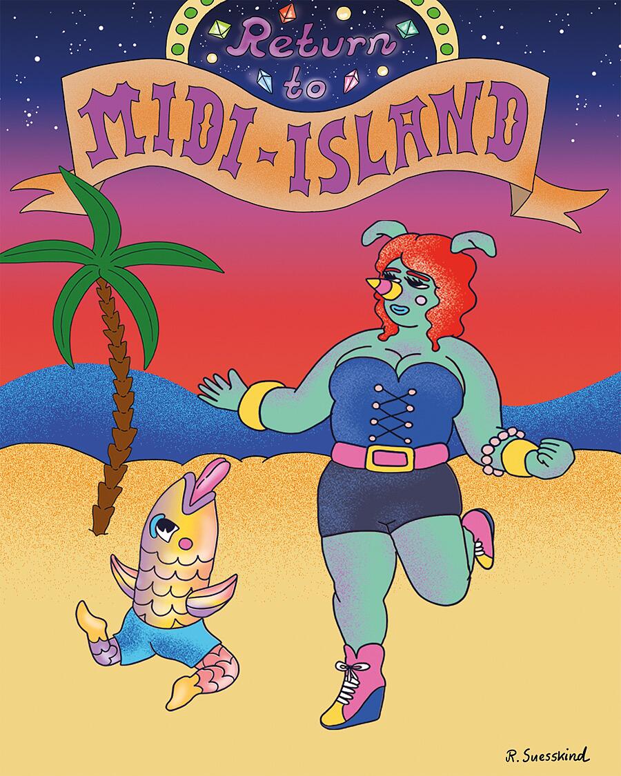 midi illustration mit tanzenden fantasiefiguren am strand