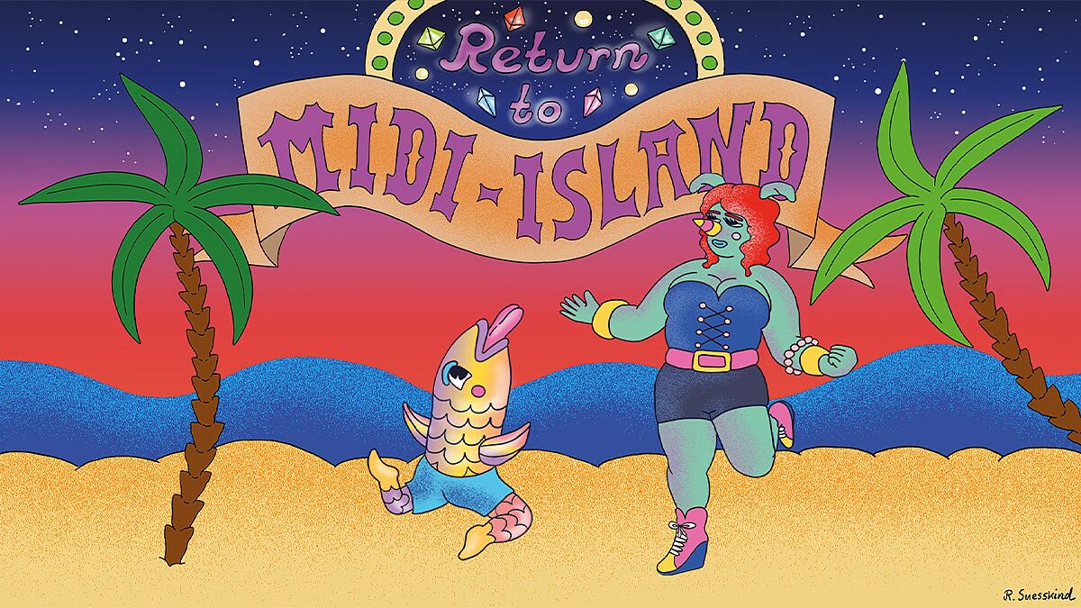 midi illustration mit tanzenden fantasiefiguren am strand