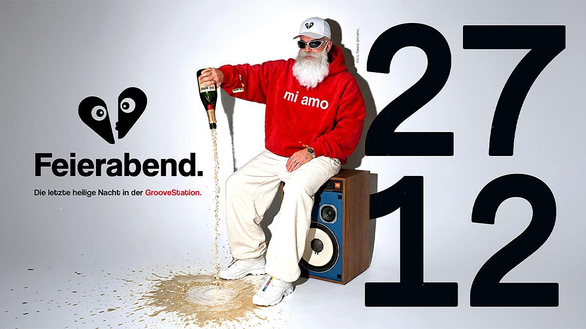 mi amo, feierabend-grafik mit mann auf lautsprecher und großer datumszahl