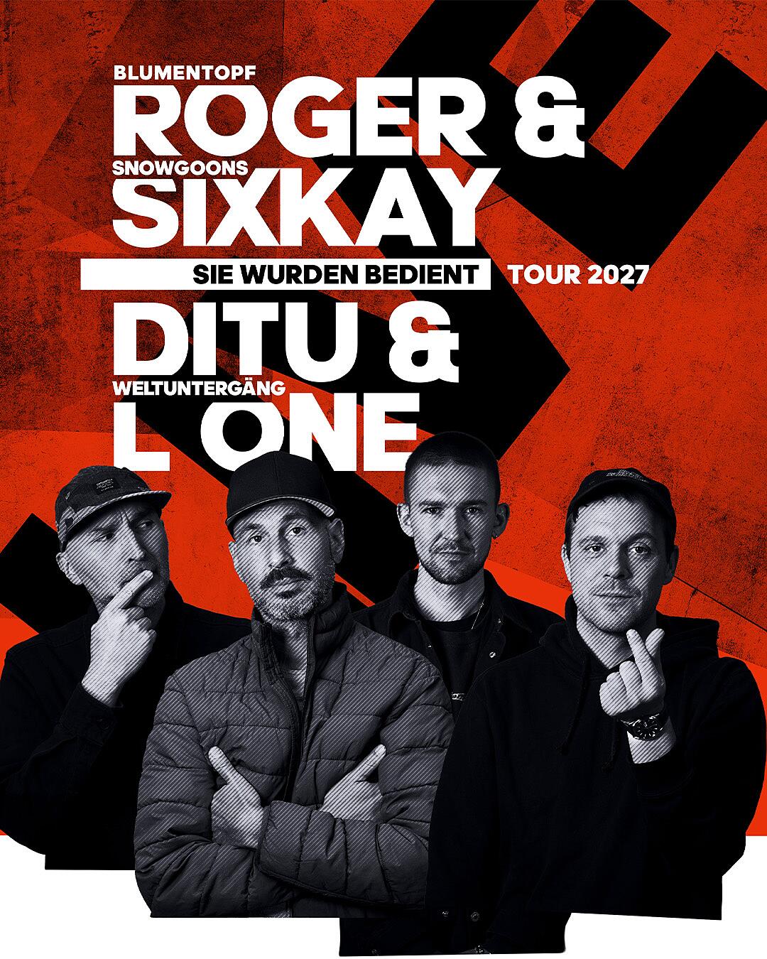roger & sixkay und ditu & l one, vierköpfiges hip-hop-kollektiv in schwarz-weiß vor grafischem hintergrund
