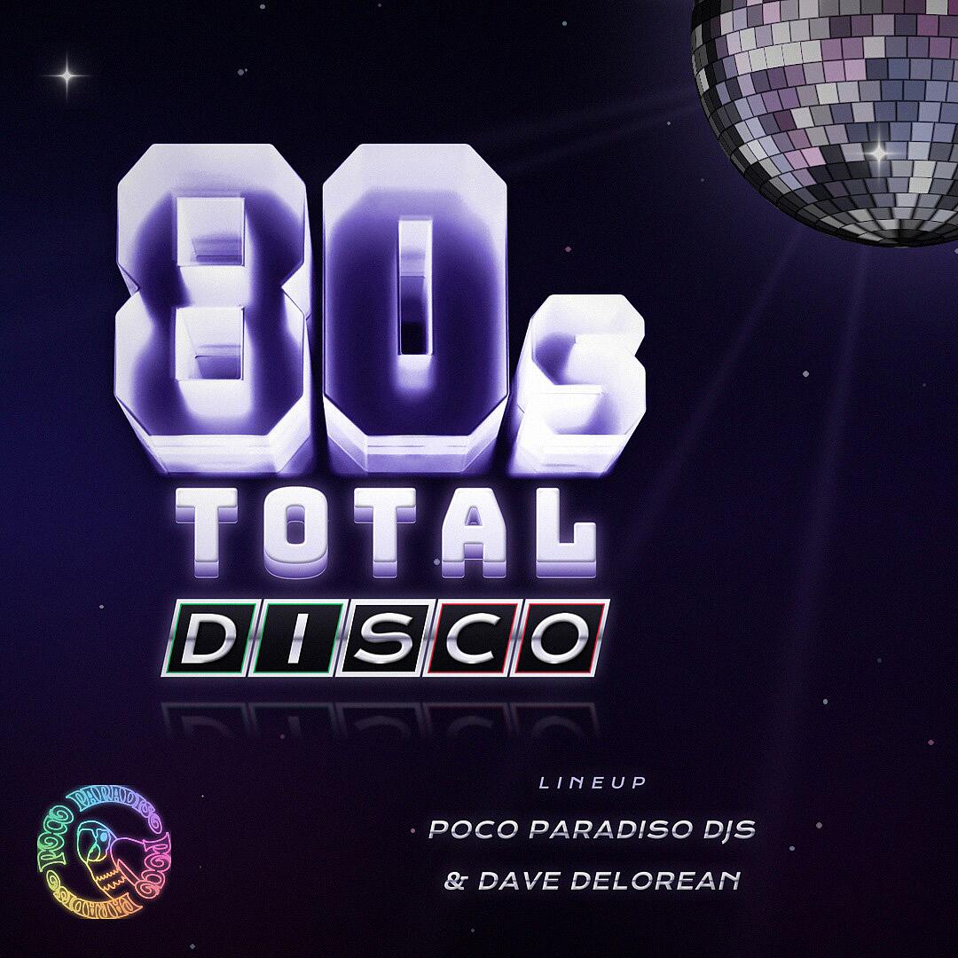 the 80s total disco, neon-schriftzug mit discokugel auf dunkelviolettem hintergrund